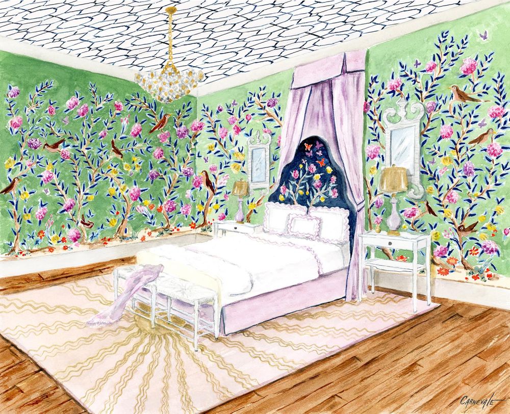 An illustrated bedroom with chinoiserie wallpaper.