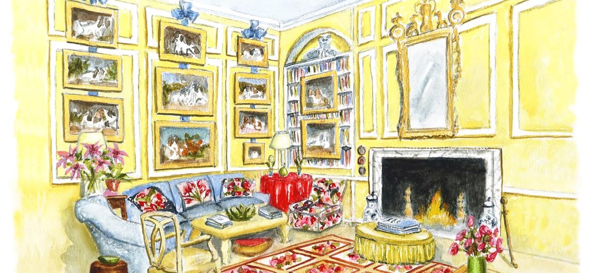 Illustration of a yellow Mario Buatta room with dog portraits.