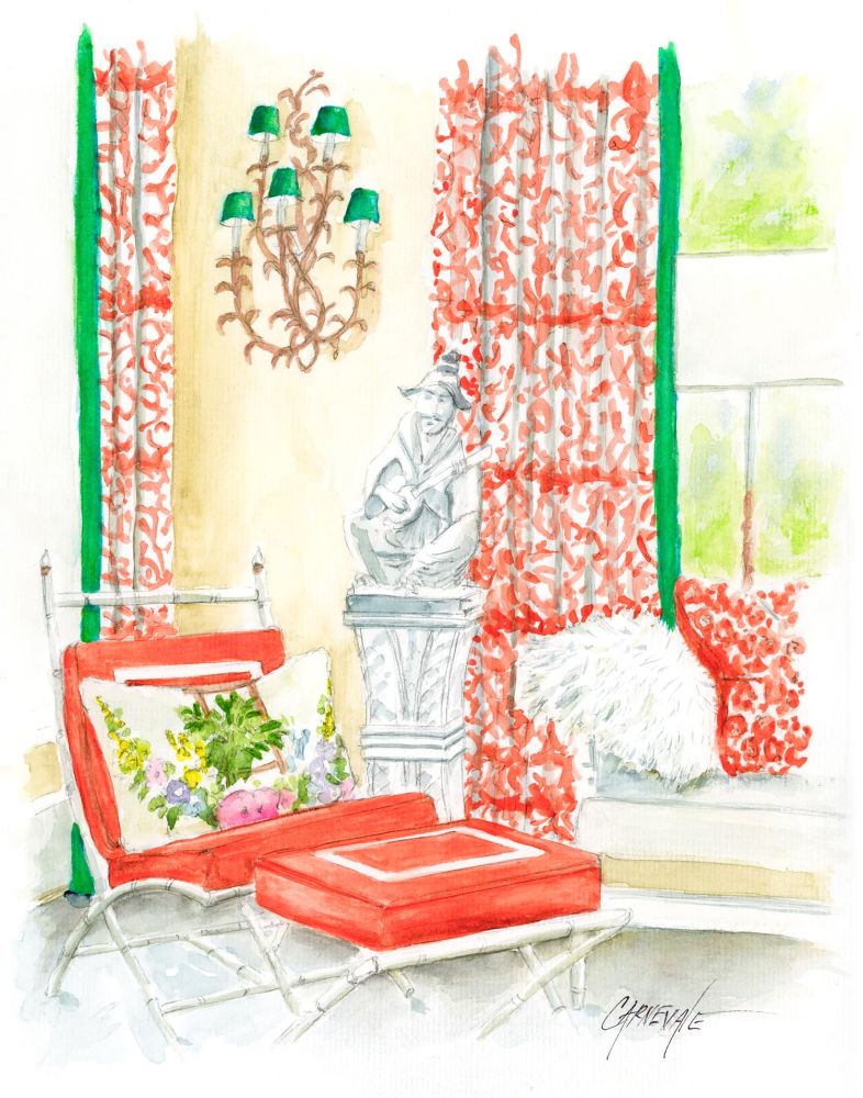 An illustrated watercolor painting of a room with red pattern curtains, a statue, and a red lounge chair.