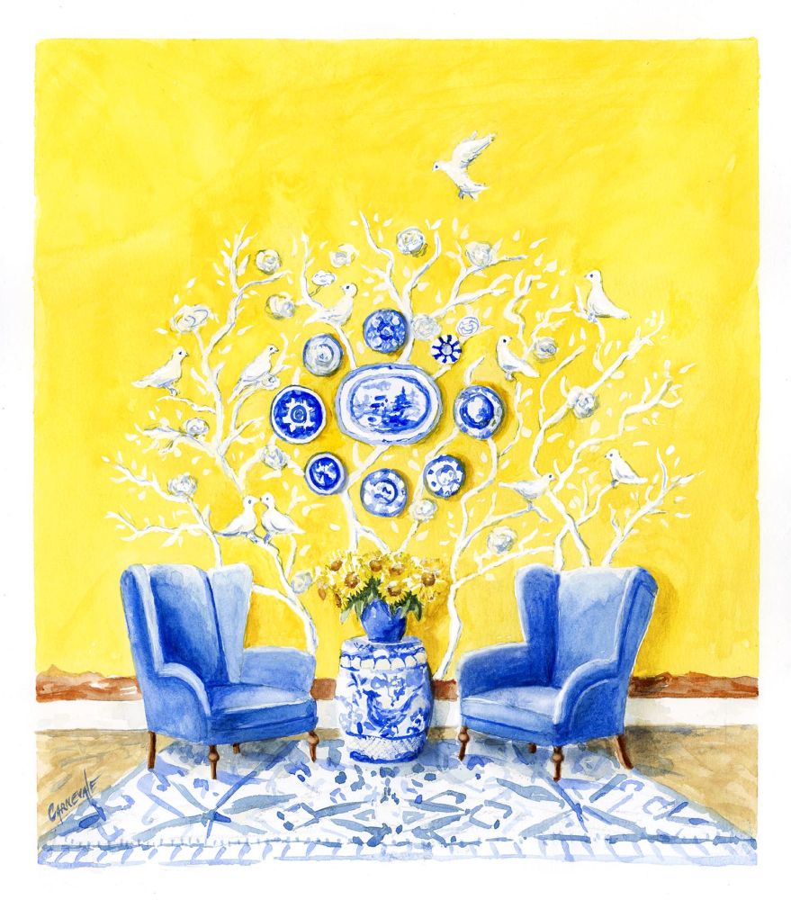 An illustration of a yellow room with blue chairs.