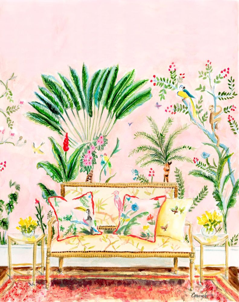 Diane's illustrated portrait of a room with pink tropical wallpaper.