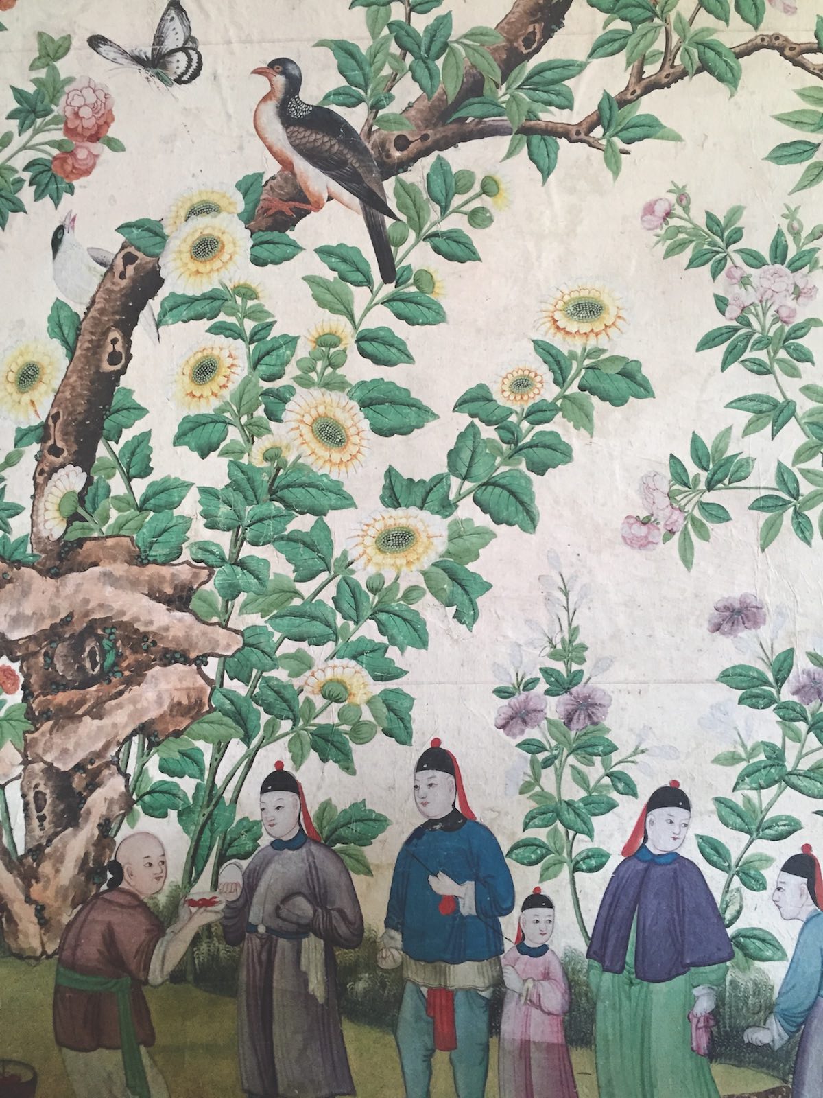 A detail of the 18th-century, handpainted Chinese wallpaper that Nancy Lancaster installed at Kelmarsh