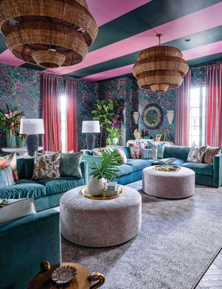 Green and pink stripes go across a media room ceiling.