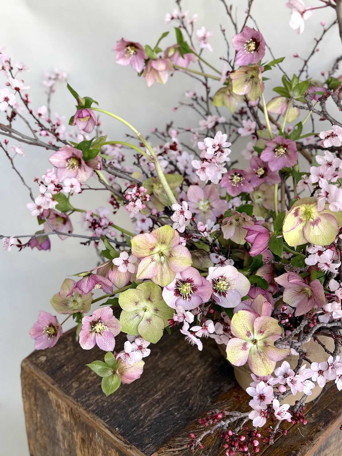 Arrangement of hellebores and cherry blossoms